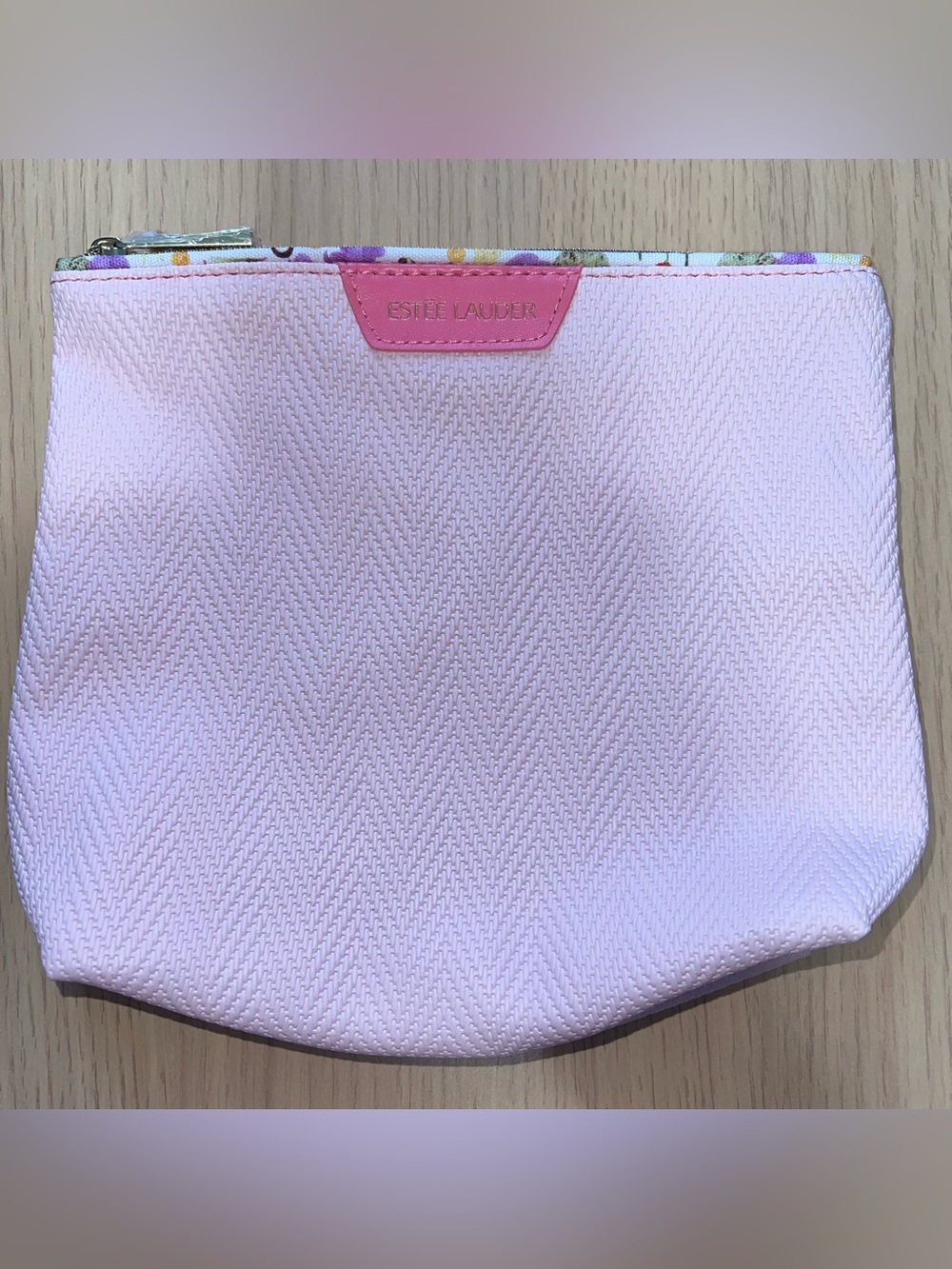 Estee Lauder Light Pink Cosmetic Pouch with Floral Trim